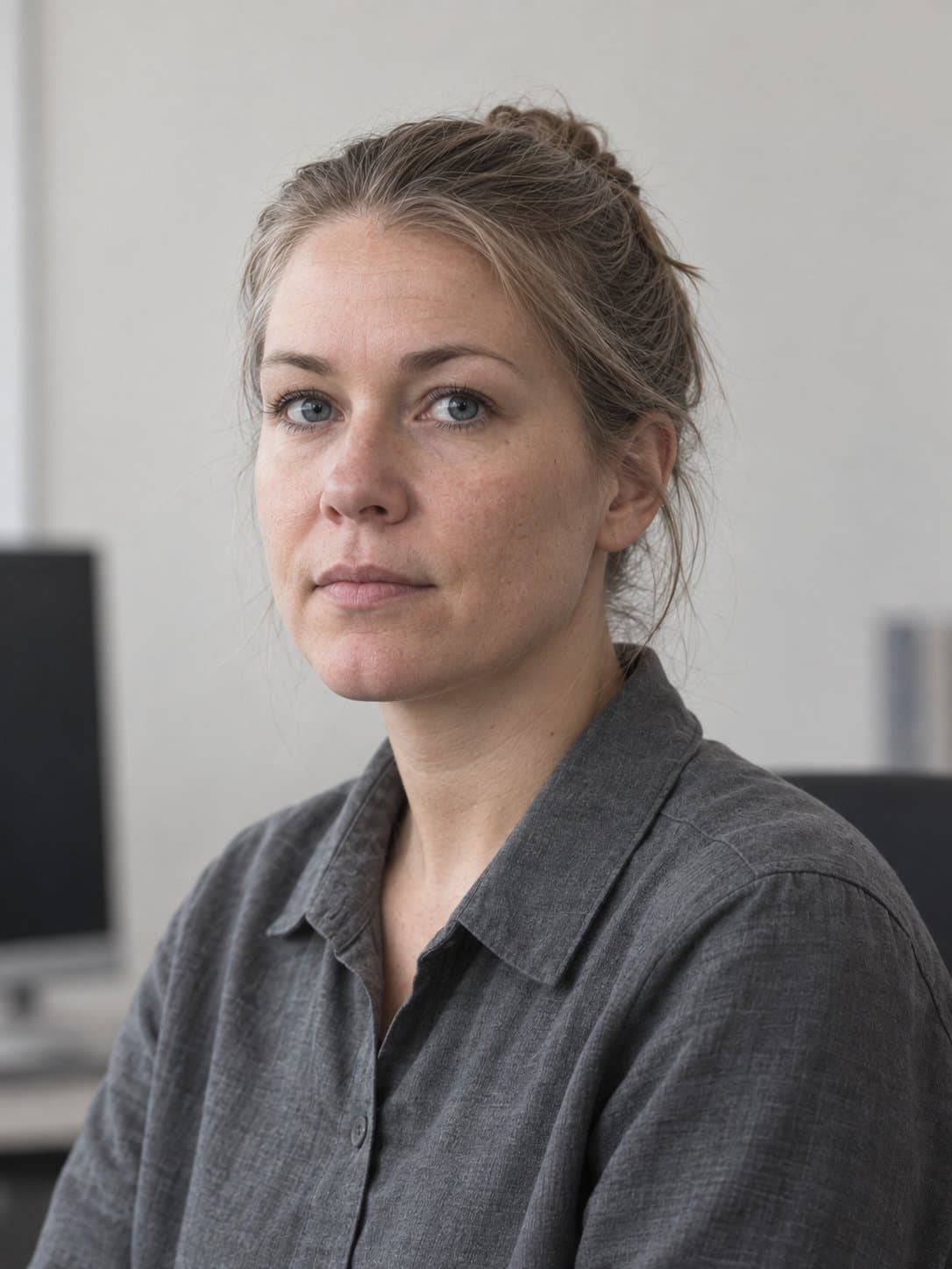 Sanna Ojanen työpöydän ääressä, katse kameraan, vaalea tausta.