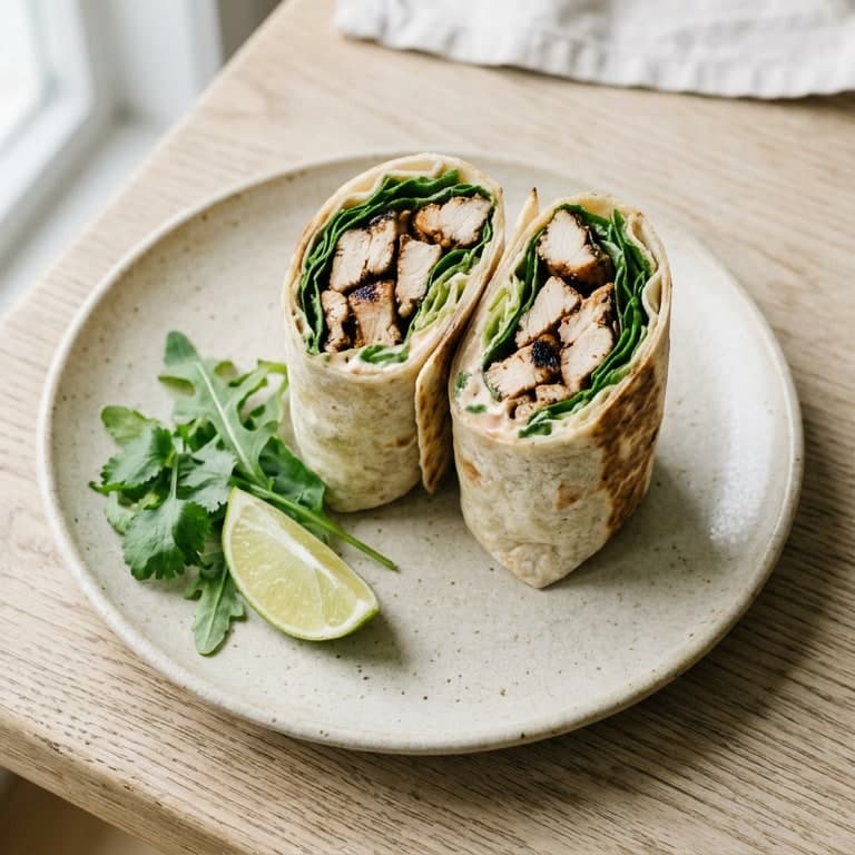 Kanawrap halkaistuna lautasella, vieressä korianteria ja limeä