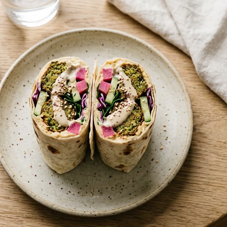 Falafelwrap halkaistuna, sisällä hummusta, pikkelöityä naurista ja tahinia